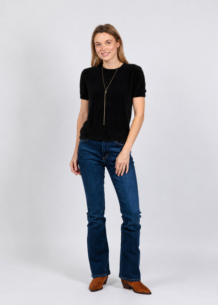Elliott Lauren Fuzzy Short Sleeve Crew Sweater in Black available at Barbara Katz