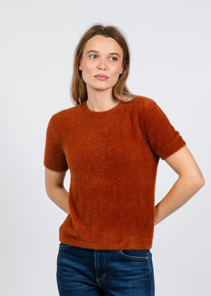 Elliott Lauren Fuzzy Short Sleeve Crew Sweater in Tobacco available at Barbara Katz