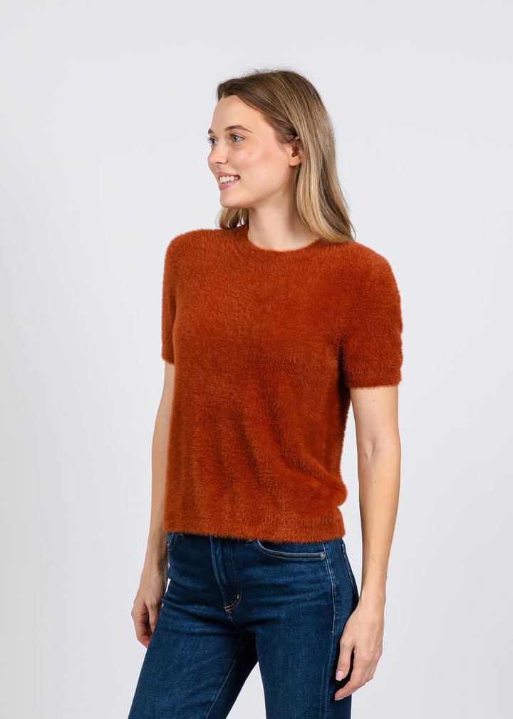 Elliott Lauren Fuzzy Short Sleeve Crew Sweater in Tobacco available at Barbara Katz