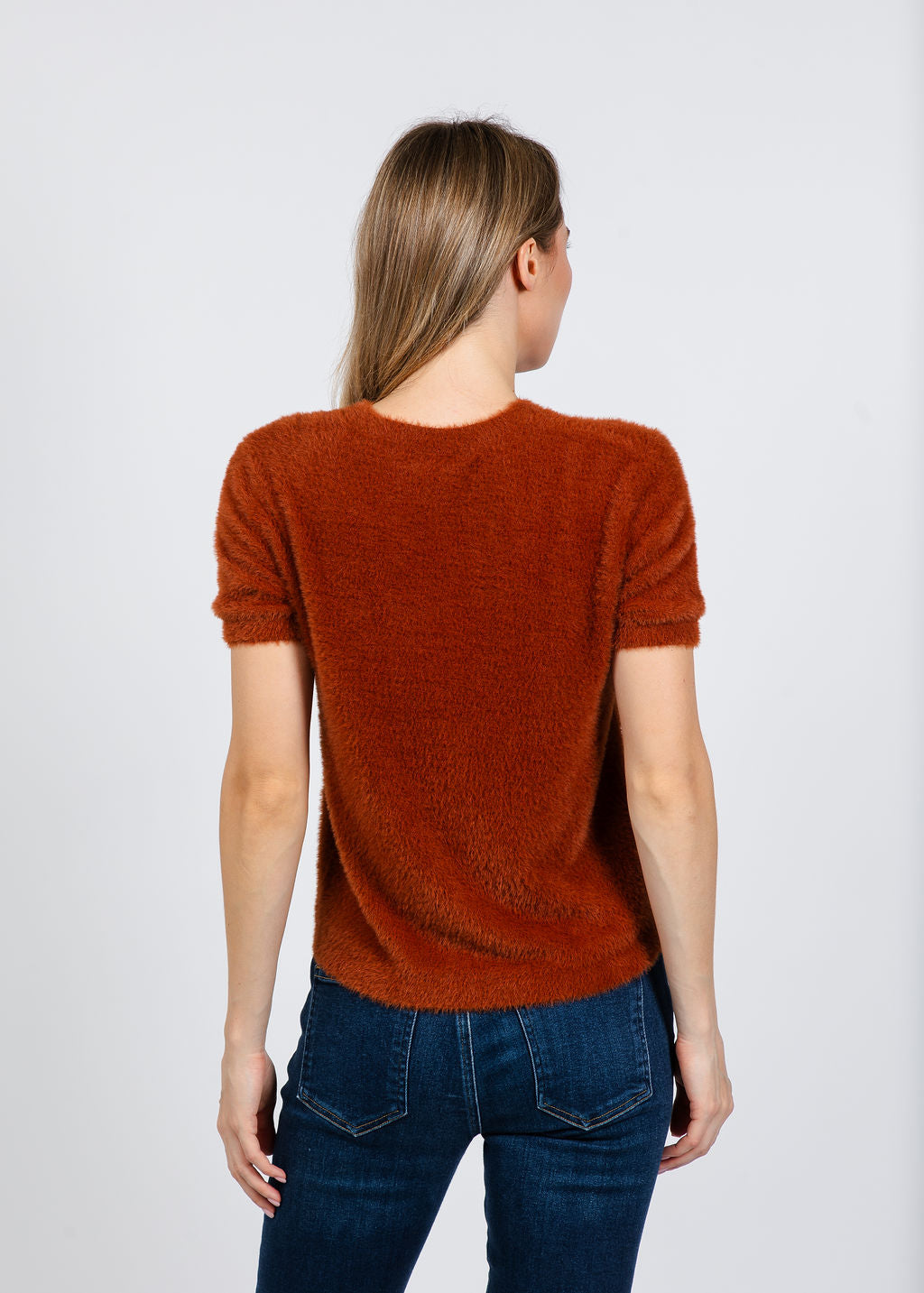 Elliott Lauren Fuzzy Short Sleeve Crew Sweater in Tobacco available at Barbara Katz