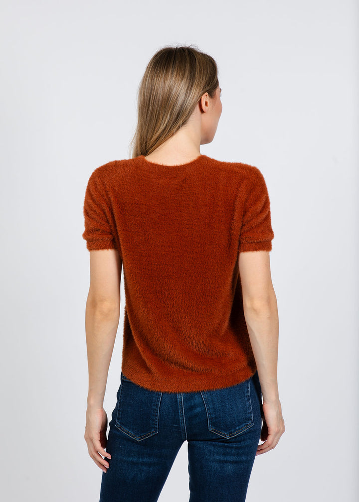 Elliott Lauren Fuzzy Short Sleeve Crew Sweater in Tobacco available at Barbara Katz