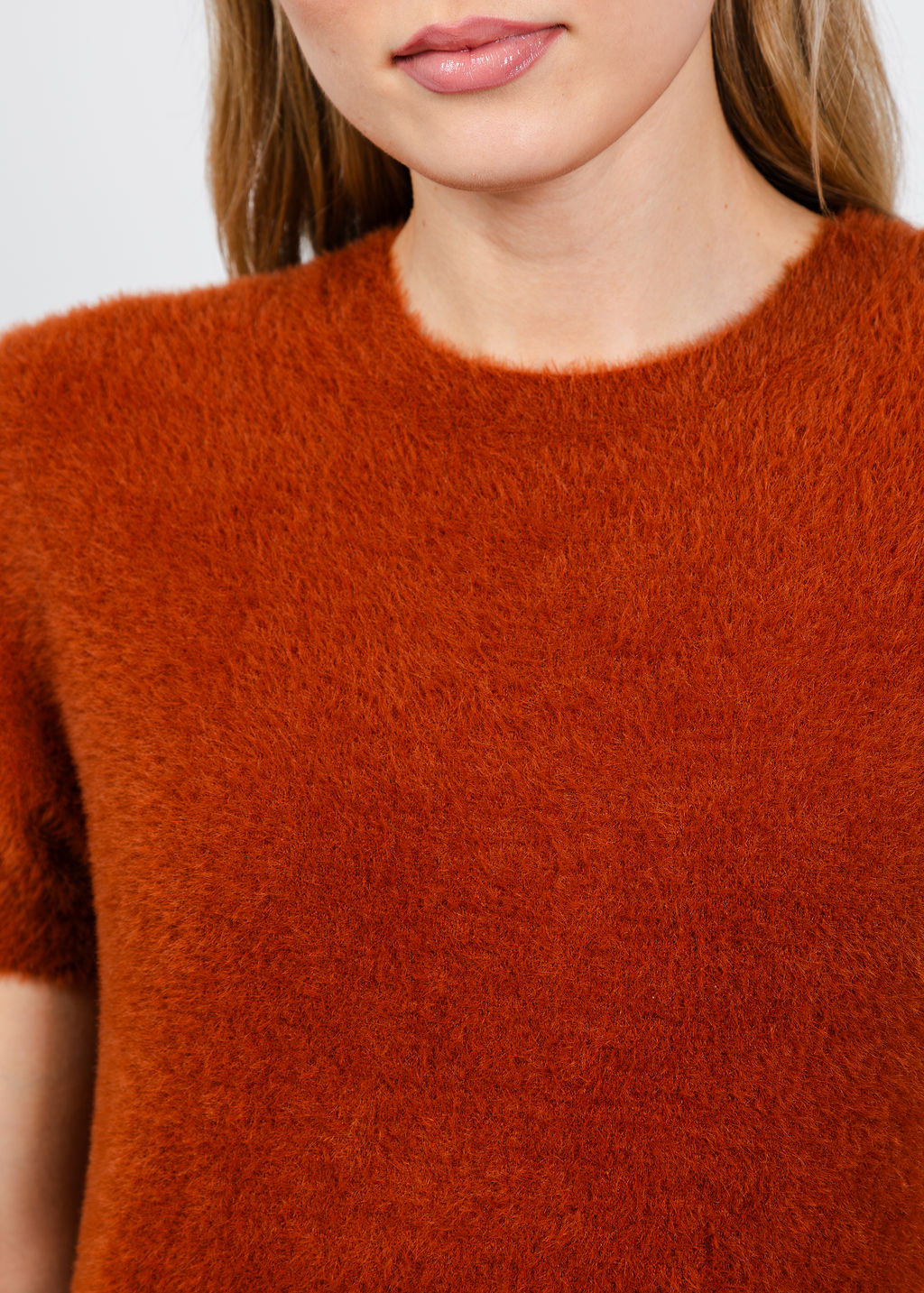 Elliott Lauren Fuzzy Short Sleeve Crew Sweater in Tobacco available at Barbara Katz