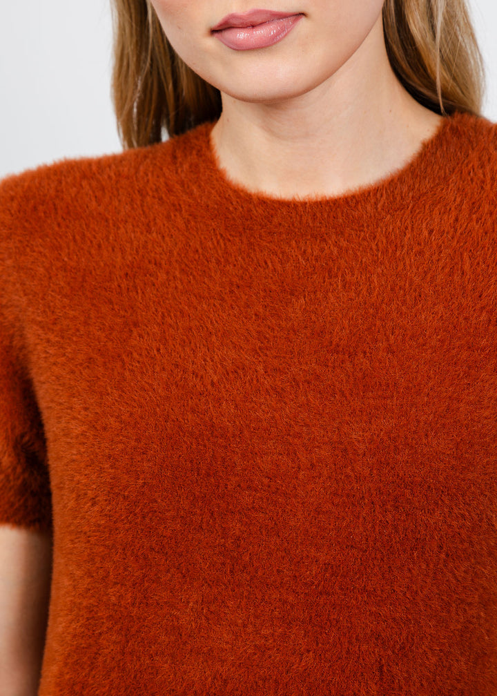Elliott Lauren Fuzzy Short Sleeve Crew Sweater in Tobacco available at Barbara Katz