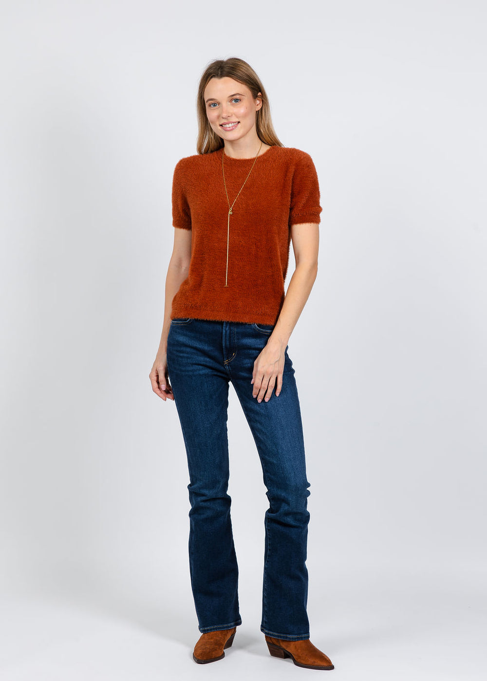 Elliott Lauren Fuzzy Short Sleeve Crew Sweater in Tobacco available at Barbara Katz