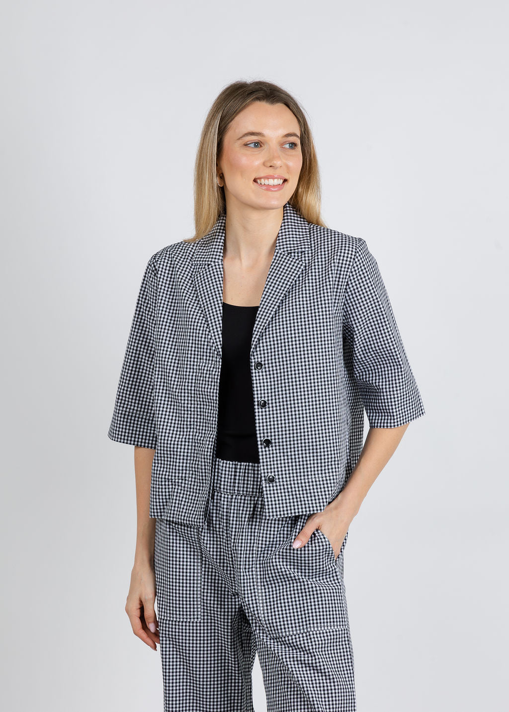 Elliott Lauren Gingham Button Front Crop Jacket in Black/White available at Barbara Katz