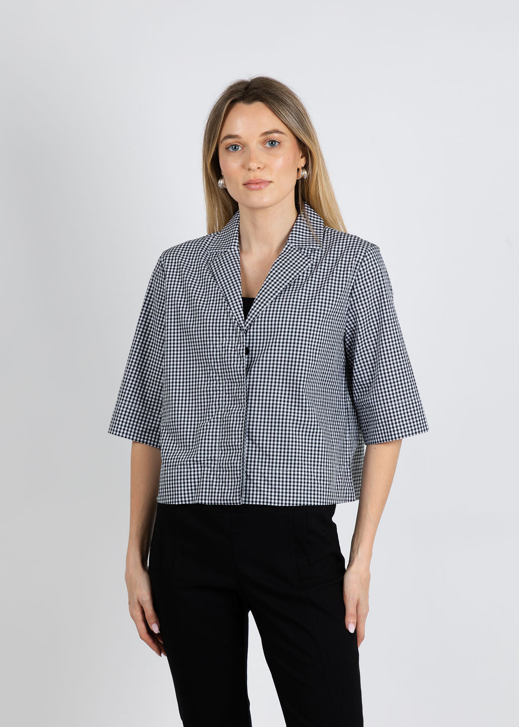 Elliott Lauren Gingham Button Front Crop Jacket in Black/White available at Barbara Katz