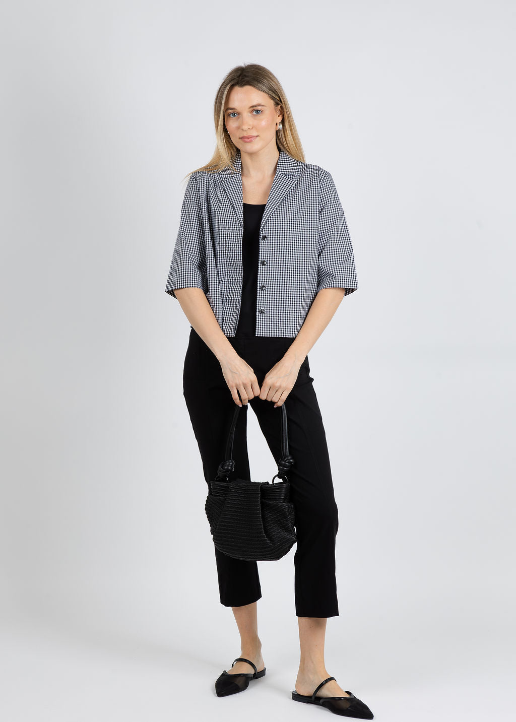 Elliott Lauren Gingham Button Front Crop Jacket in Black/White available at Barbara Katz
