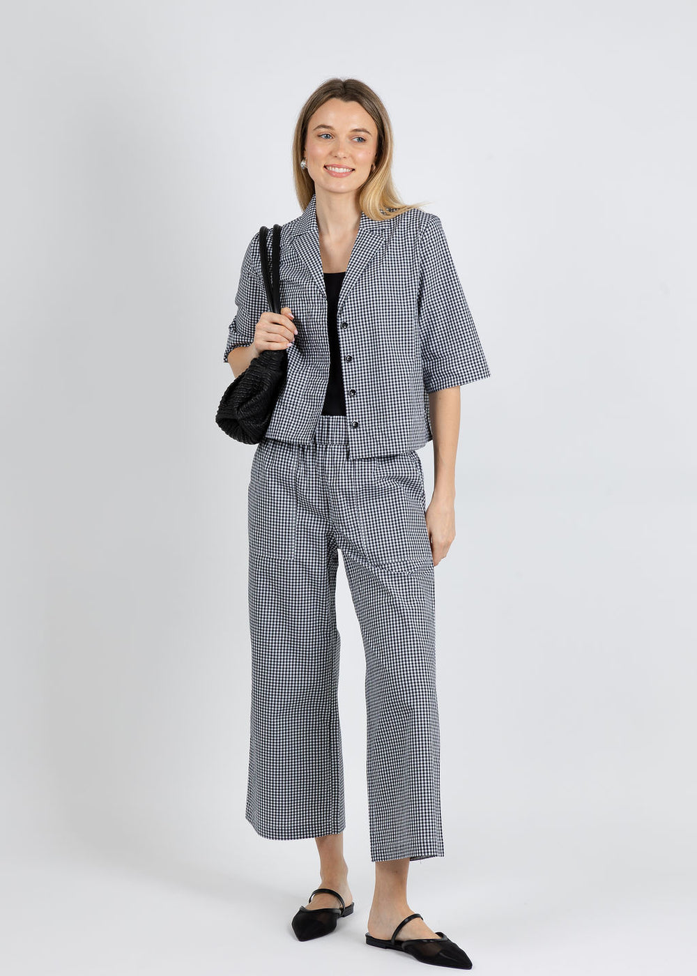 Elliott Lauren Gingham Button Front Crop Jacket & Gingham Patch Pocket Pull-On Pants in Black/White available at Barbara Katz