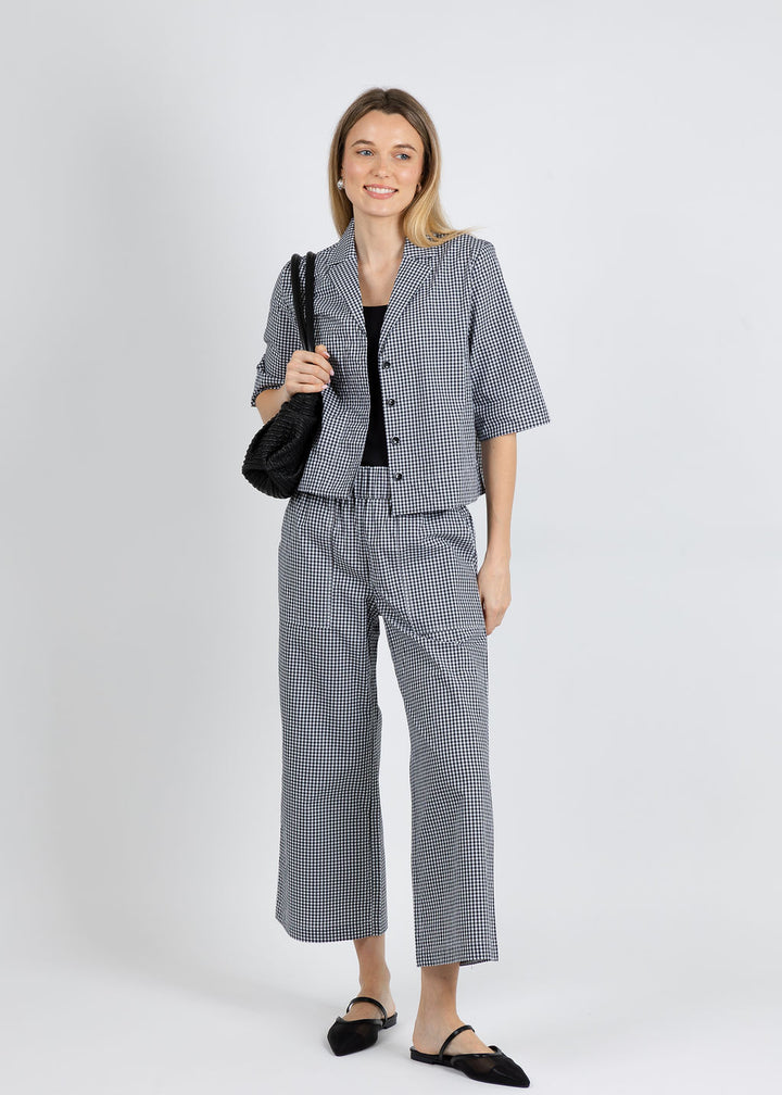 Elliott Lauren Gingham Button Front Crop Jacket & Gingham Patch Pocket Pull-On Pants in Black/White available at Barbara Katz