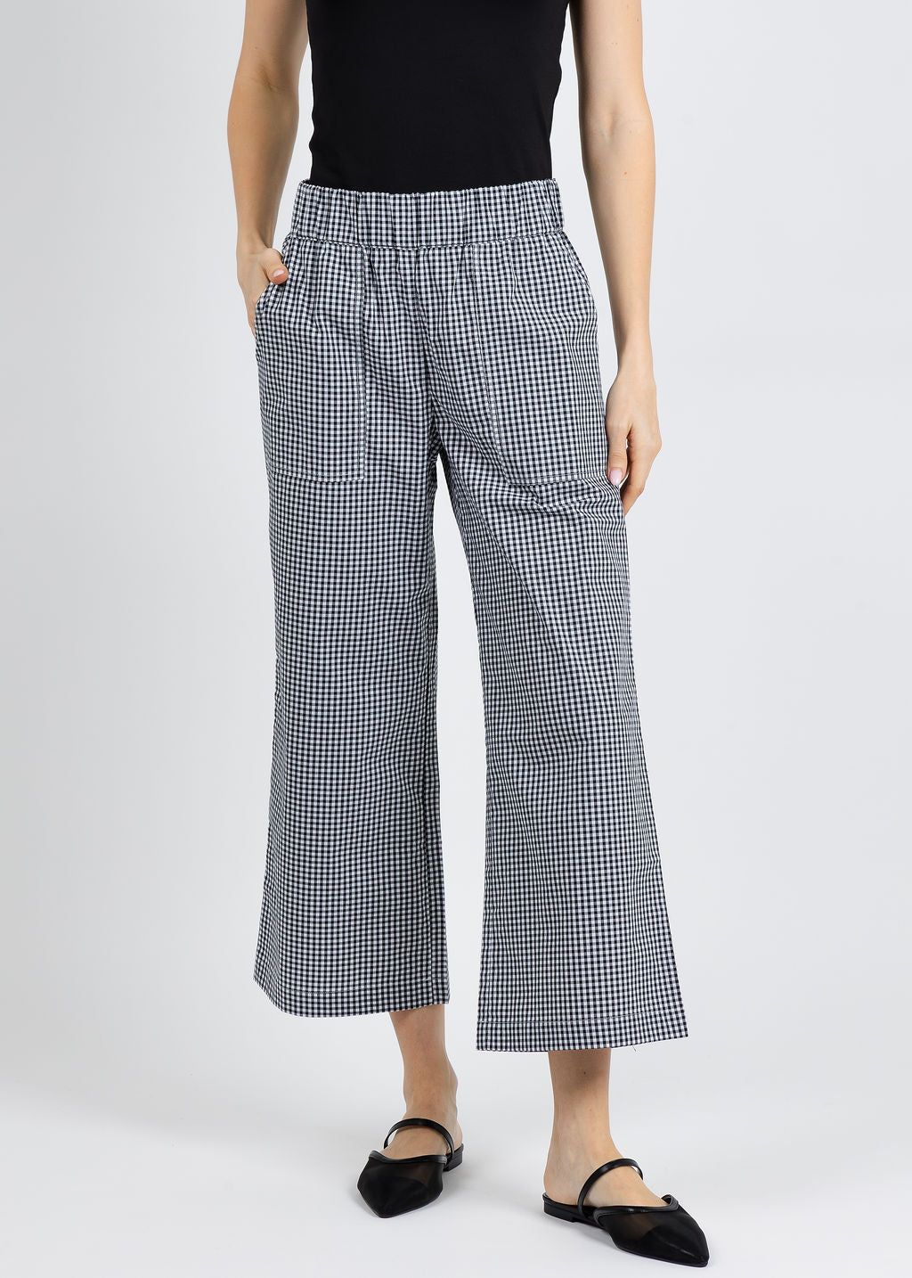 Elliott Lauren Gingham Patch Pocket Pull-On Pants in Black/White available at Barbara Katz