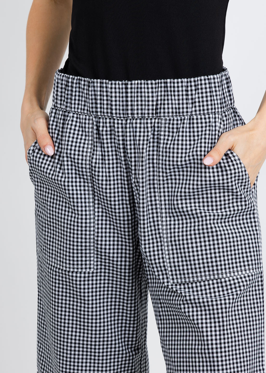 Elliott Lauren Gingham Patch Pocket Pull-On Pants in Black/White available at Barbara Katz