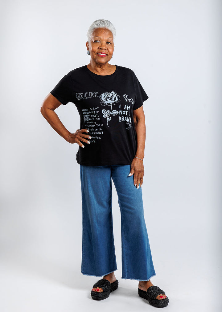 Elliott Lauren Graffiti Short Sleeve Graphic Tee in Black paired with MAC Dream Wide Crop Wonder Jeans in Denim available at Barbara Katz