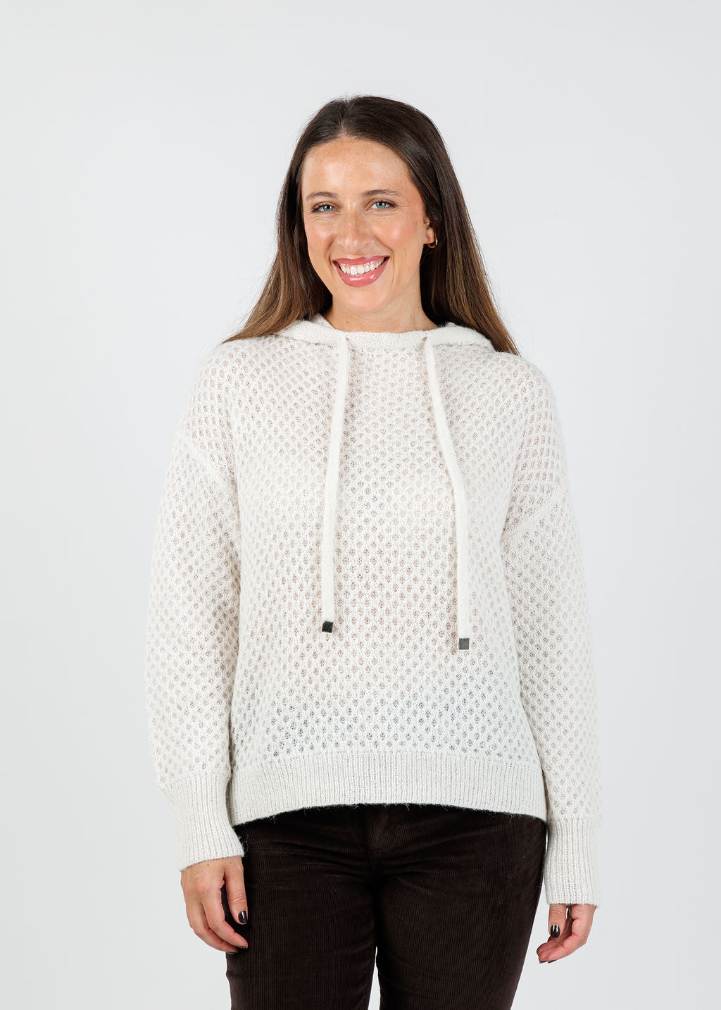 Elliott Lauren Honeycomb Cable Stitch Hoodie in Pearl available at Barbara Katz