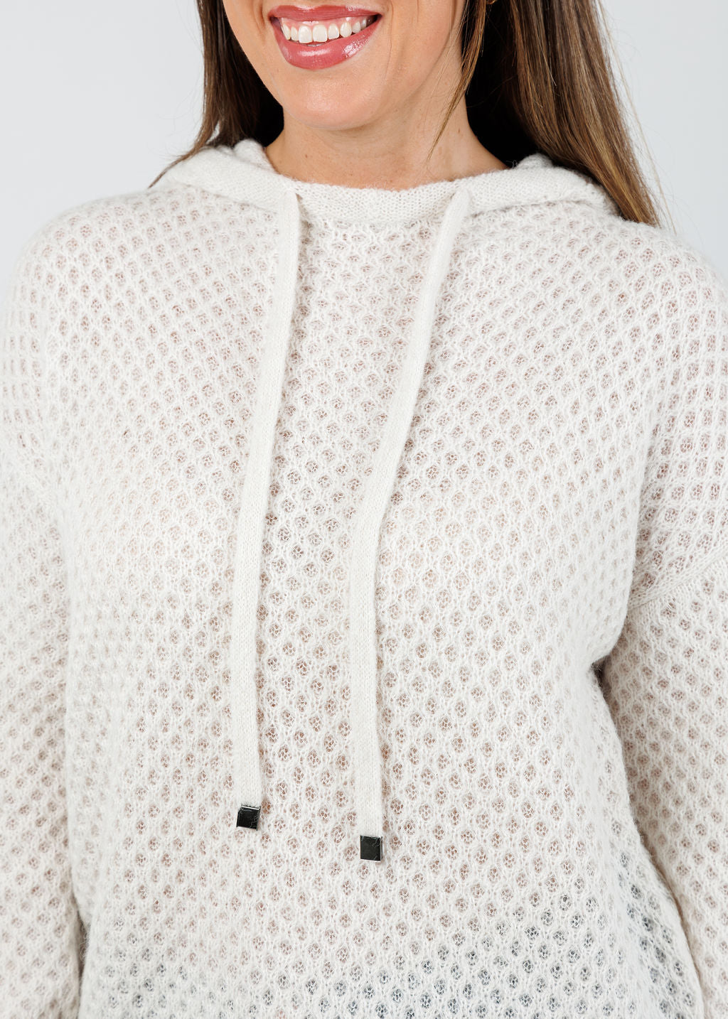 Elliott Lauren Honeycomb Cable Stitch Hoodie in Pearl available at Barbara Katz
