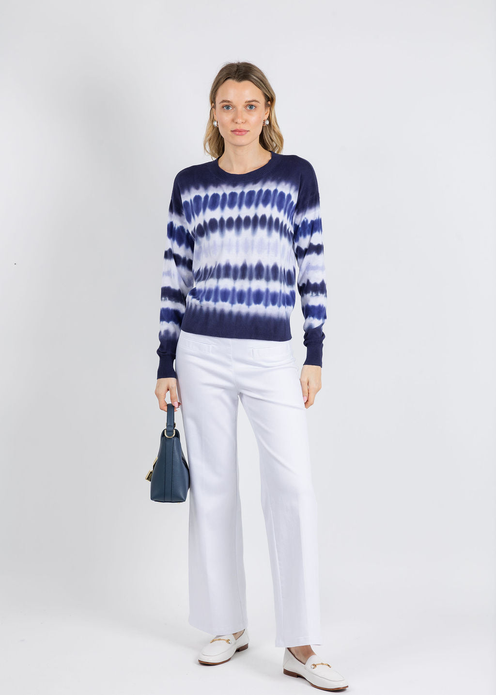 Elliott Lauren Horizontal Tie Dye Sweater in Navy paired with Elliott Lauren 29" Modern Twill Wide Leg Pants in White available at Barbara Katz
