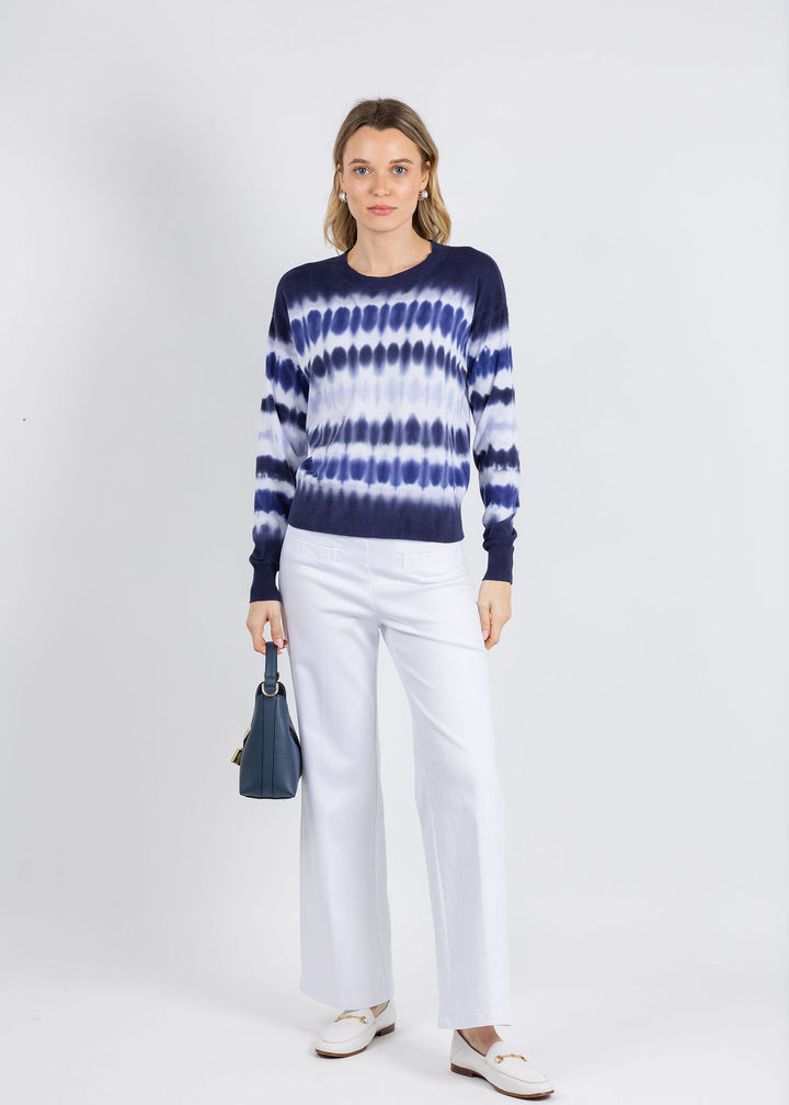 Elliott Lauren Horizontal Tie Dye Sweater in Navy paired with Elliott Lauren 29" Modern Twill Wide Leg Pants in White available at Barbara Katz