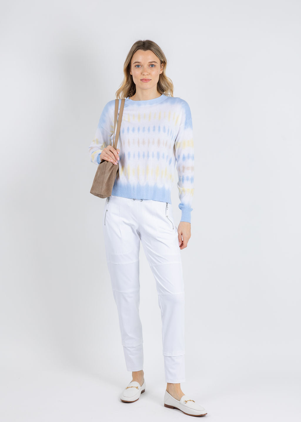 Elliott Lauren Horizontal Tie Dye Sweater in Yellow paired with Raffaello Rossi Candy Pants in White available at Barbara Katz