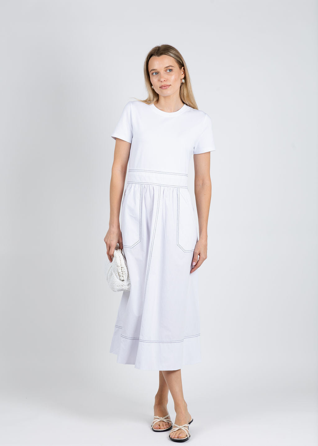 Elliott Lauren Knit Woven Combo Dress in White available at Barbara Katz