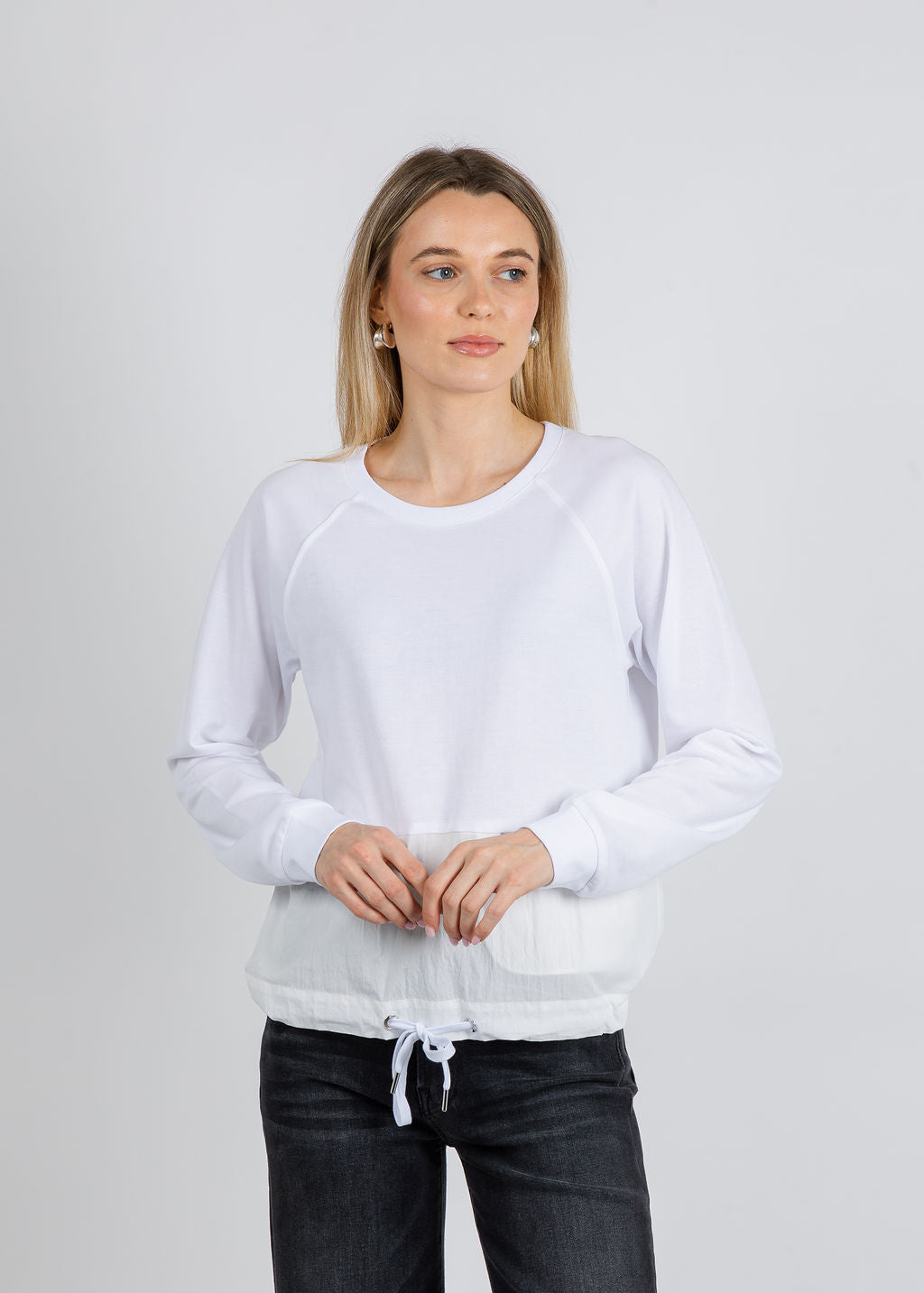 Elliott Lauren Knit/Woven Combo Top With Zipper Pocket in White available at Barbara Katz