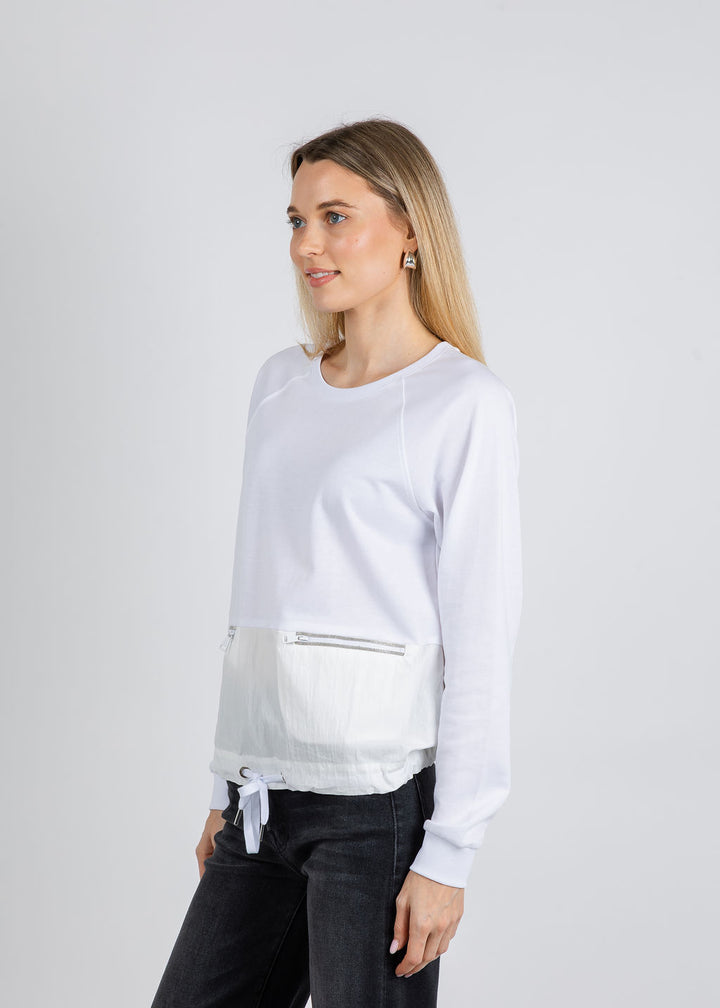 Elliott Lauren Knit/Woven Combo Top With Zipper Pocket in White available at Barbara Katz
