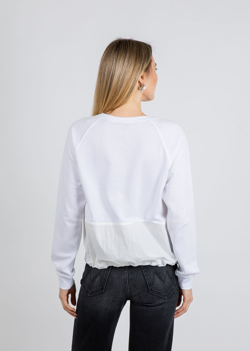Elliott Lauren Knit/Woven Combo Top With Zipper Pocket in White available at Barbara Katz