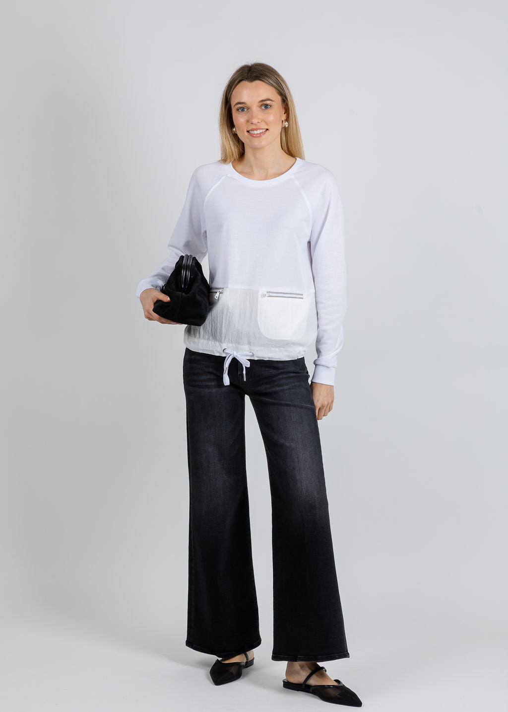 Elliott Lauren Knit/Woven Combo Top With Zipper Pocket in White available at Barbara Katz