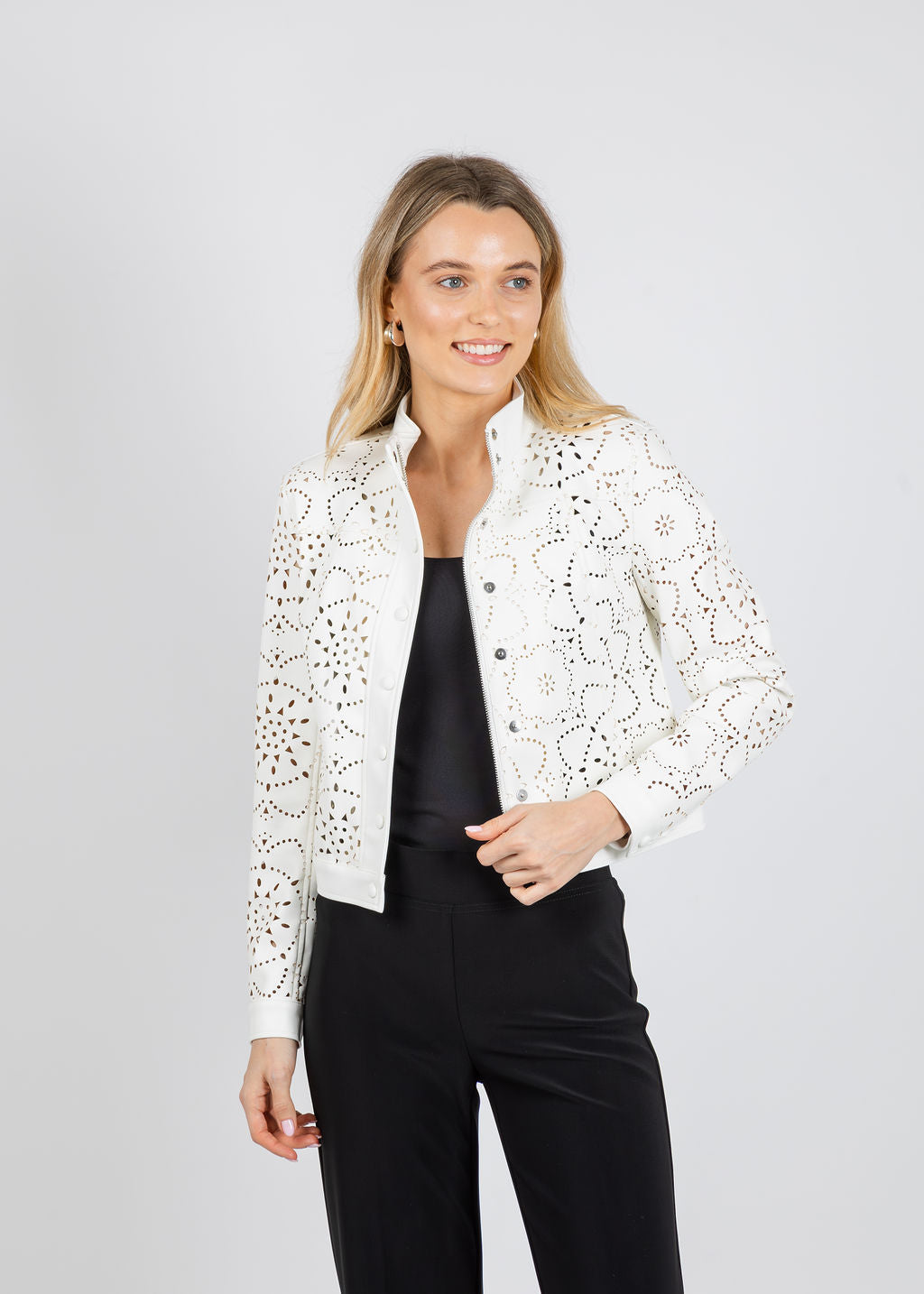 Elliott Lauren Laser Cut Faux Leather Jacket in White available at Barbara Katz