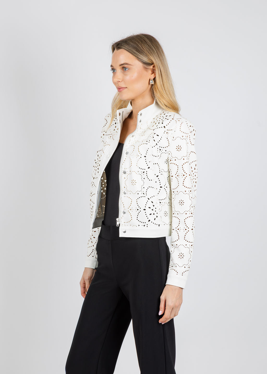 Elliott Lauren Laser Cut Faux Leather Jacket in White available at Barbara Katz