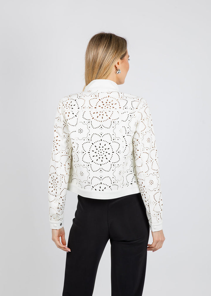 Elliott Lauren Laser Cut Faux Leather Jacket in White available at Barbara Katz