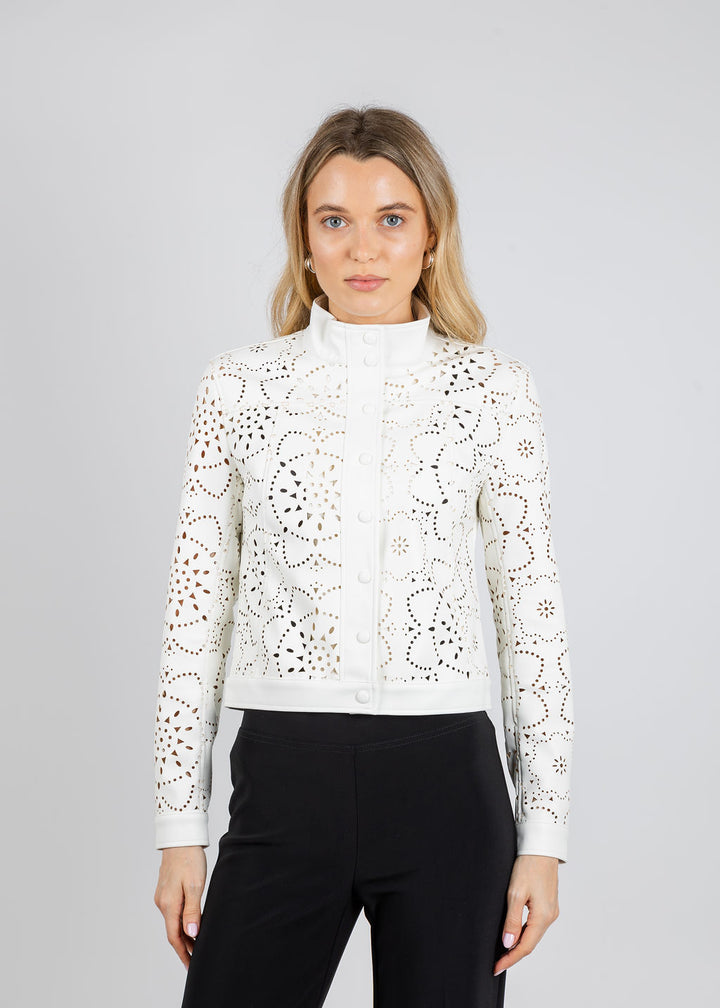 Elliott Lauren Laser Cut Faux Leather Jacket in White available at Barbara Katz
