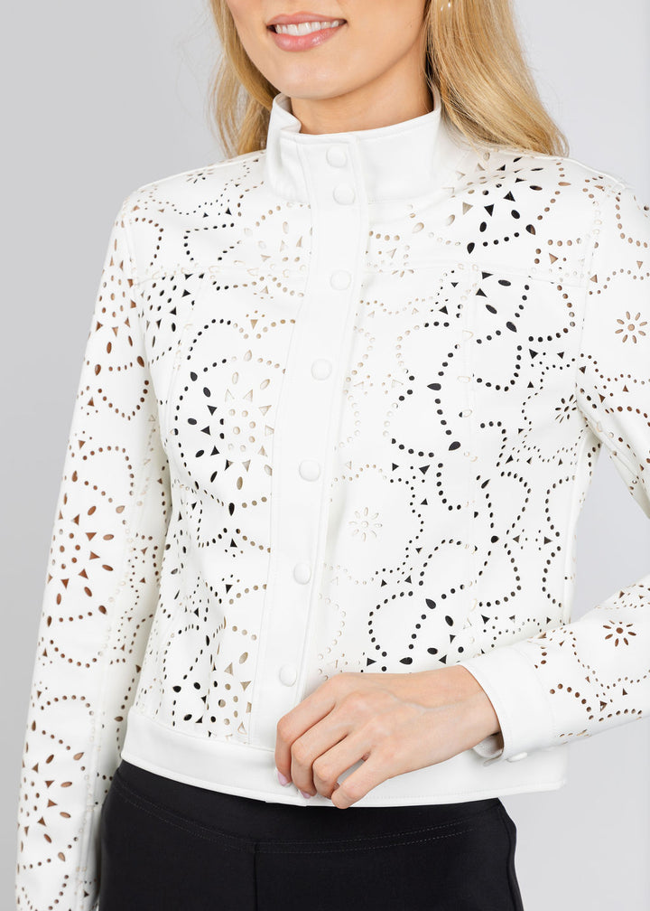 Elliott Lauren Laser Cut Faux Leather Jacket in White available at Barbara Katz