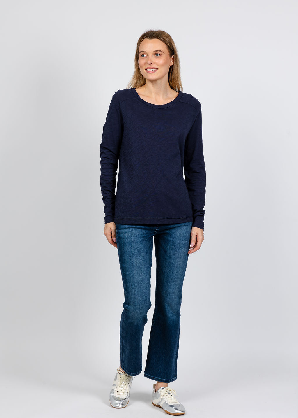 Elliott Lauren Lenny Long Sleeve Rib Trim Tee in Navy available at Barbara Katz