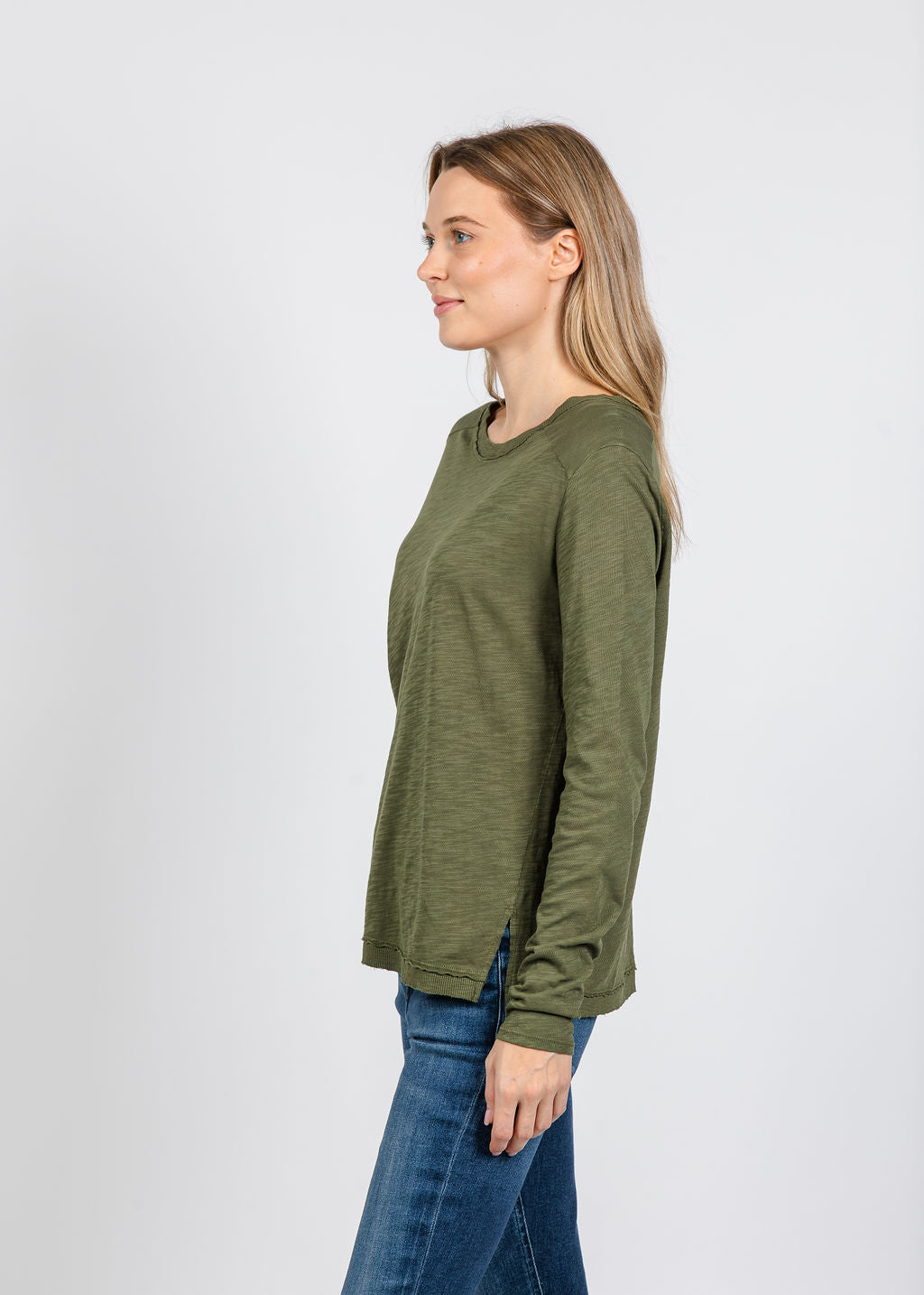 Elliott Lauren Lenny Long Sleeve Rib Trim Tee in Olive available at Barbara Katz