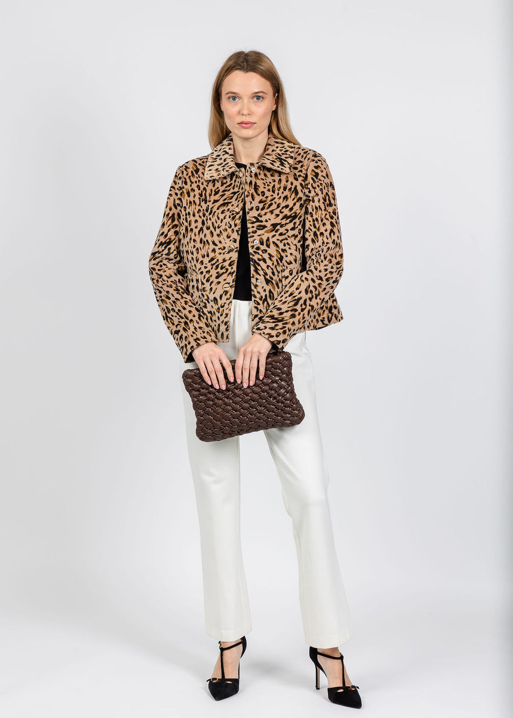 Elliott Lauren Leopard Corduroy Jacket paired with Elliott Lauren Pull-On Ponte Pant in Winter White available at Barbara Katz