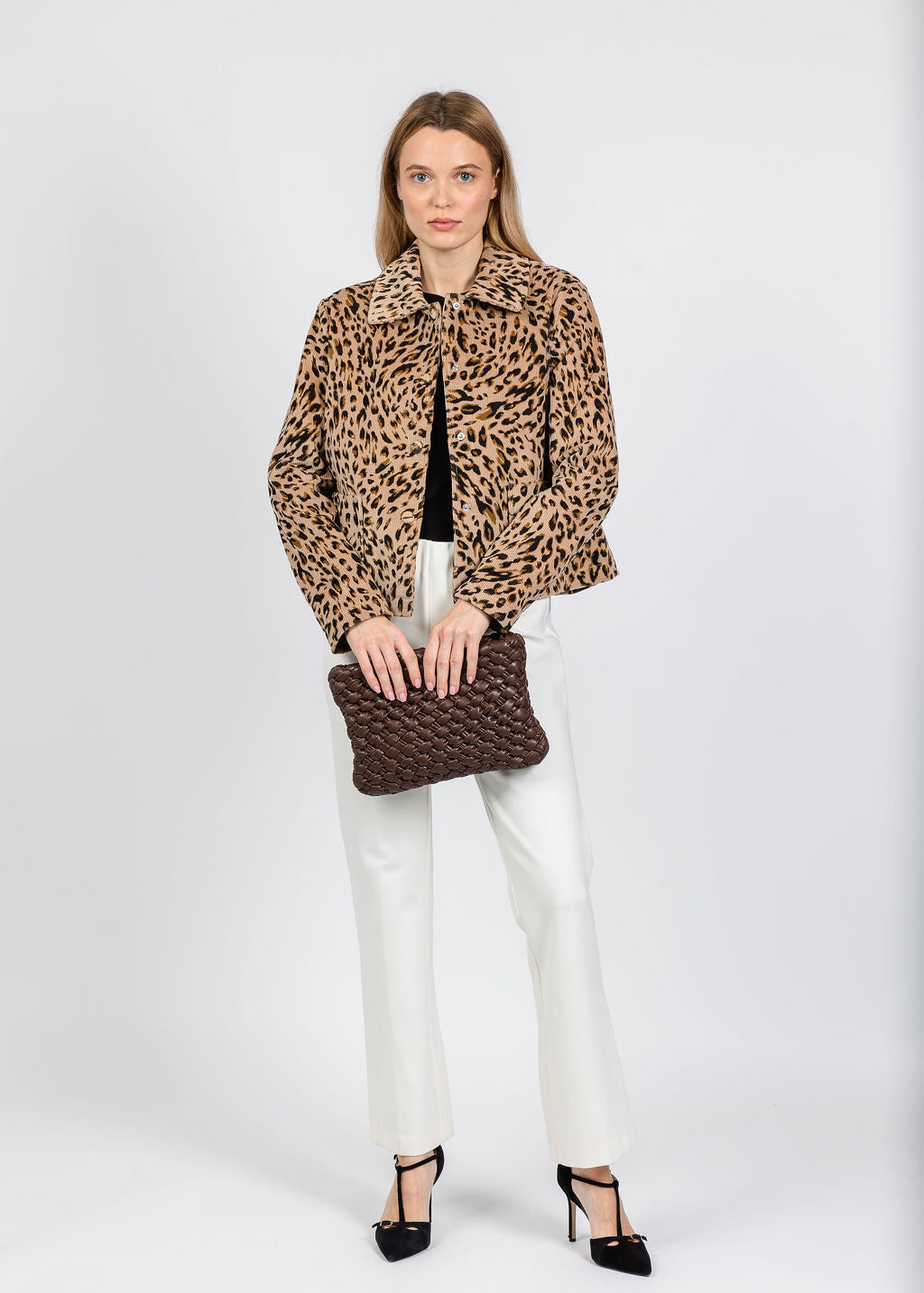 Elliott Lauren Leopard Corduroy Jacket paired with Elliott Lauren Pull-On Ponte Pant in Winter White available at Barbara Katz