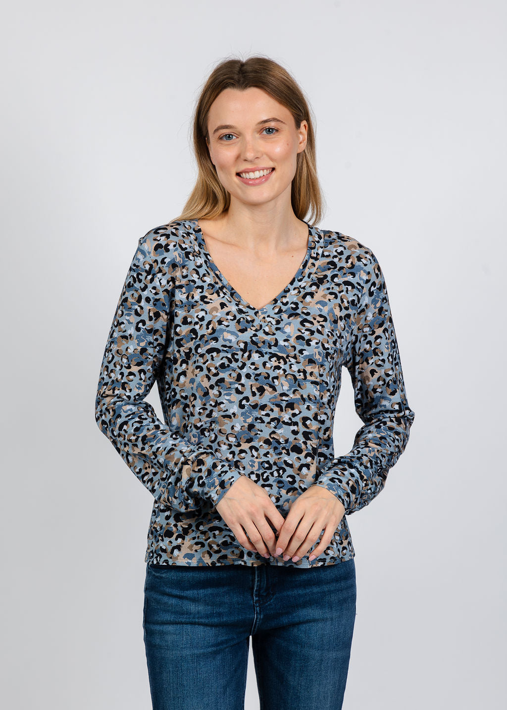 Elliott Lauren Leopard V-Neck Sweater in Blue available at Barbara Katz