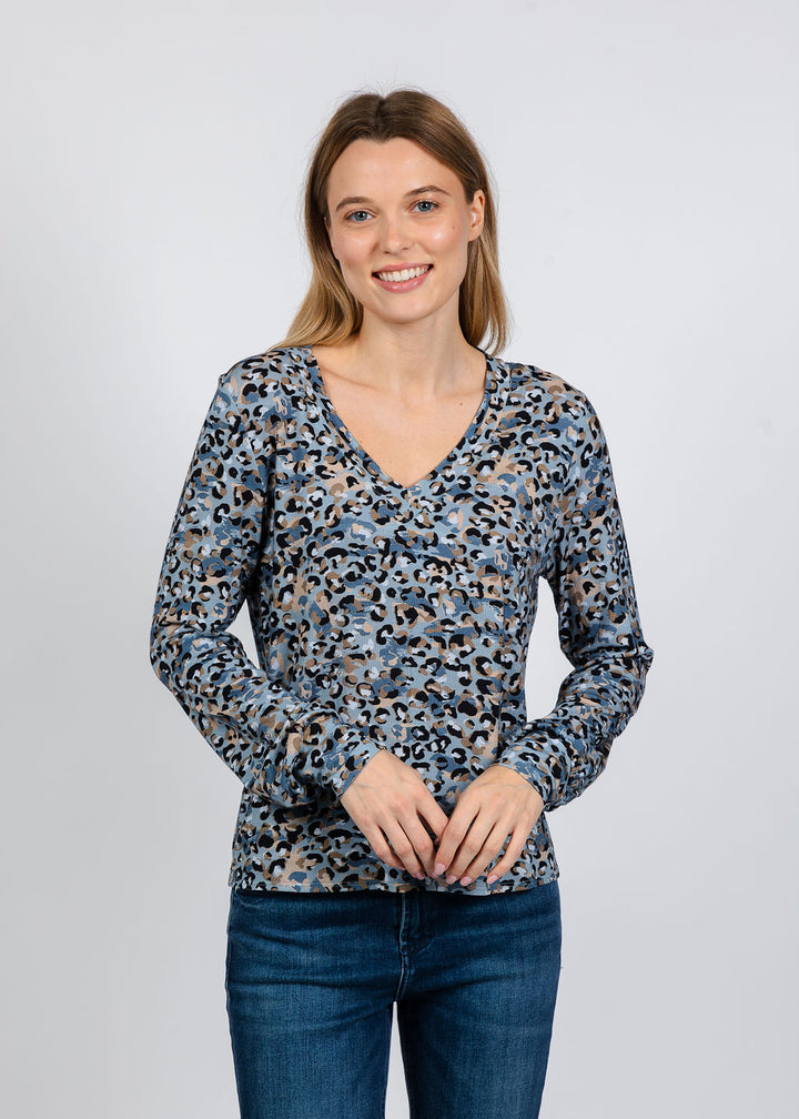 Elliott Lauren Leopard V-Neck Sweater in Blue available at Barbara Katz