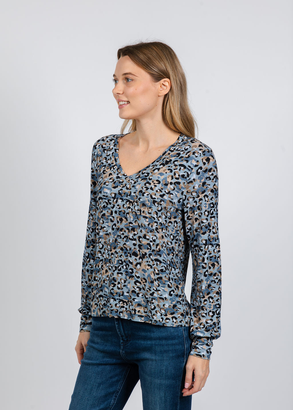 Elliott Lauren Leopard V-Neck Sweater in Blue available at Barbara Katz