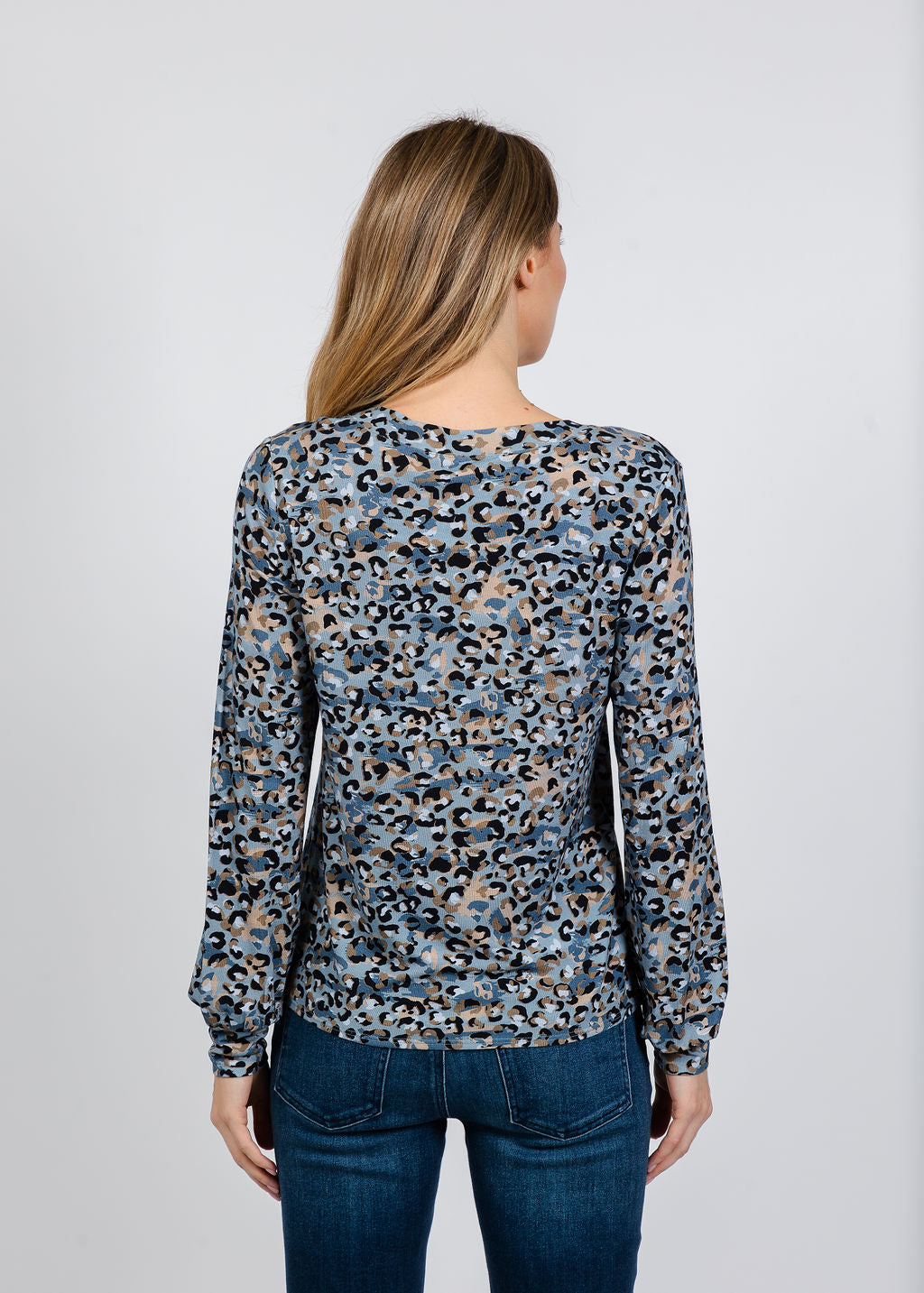 Elliott Lauren Leopard V-Neck Sweater in Blue available at Barbara Katz