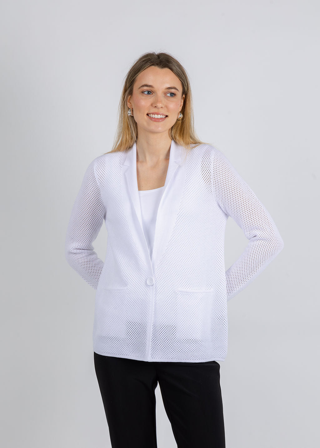 Elliott Lauren Mesh Knit Jacket in White available at Barbara Katz