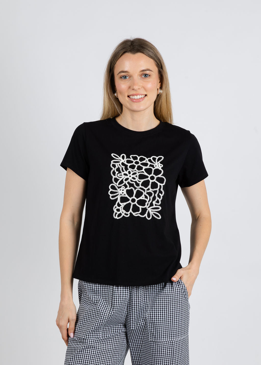 Elliott Lauren Mindy Flower Power Short Sleeve Top in Black available at Barbara Katz