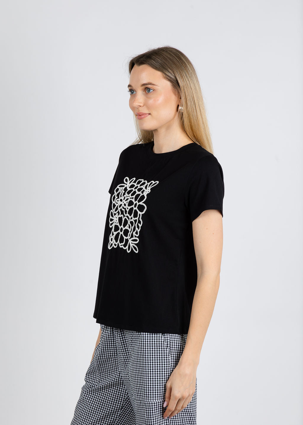 Elliott Lauren Mindy Flower Power Short Sleeve Top in Black available at Barbara Katz