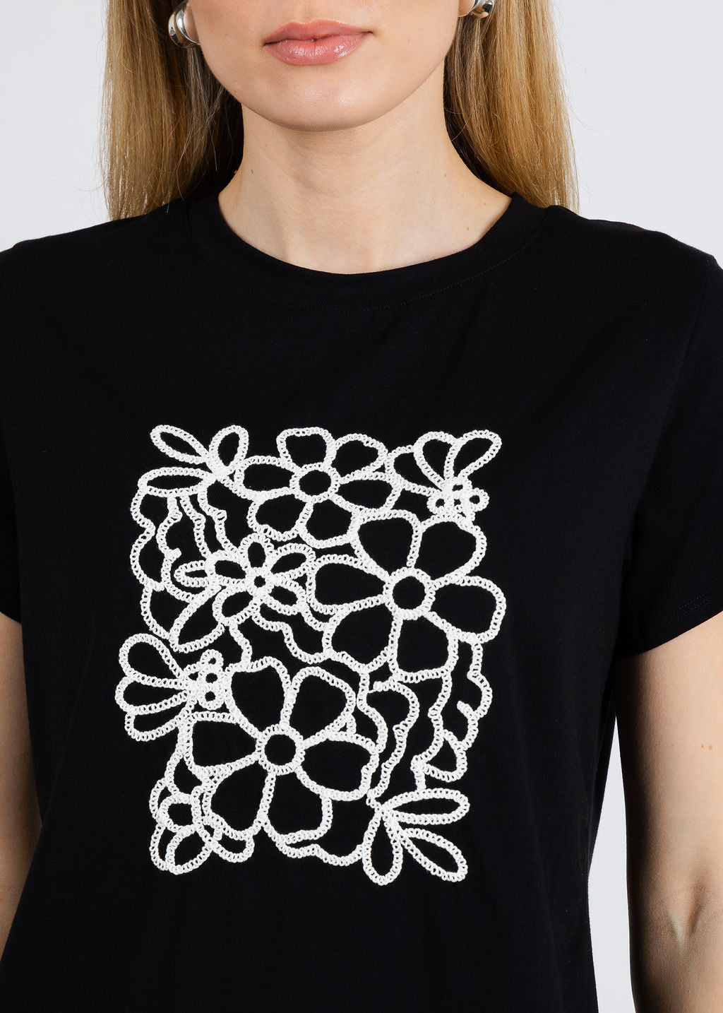 Elliott Lauren Mindy Flower Power Short Sleeve Top in Black available at Barbara Katz