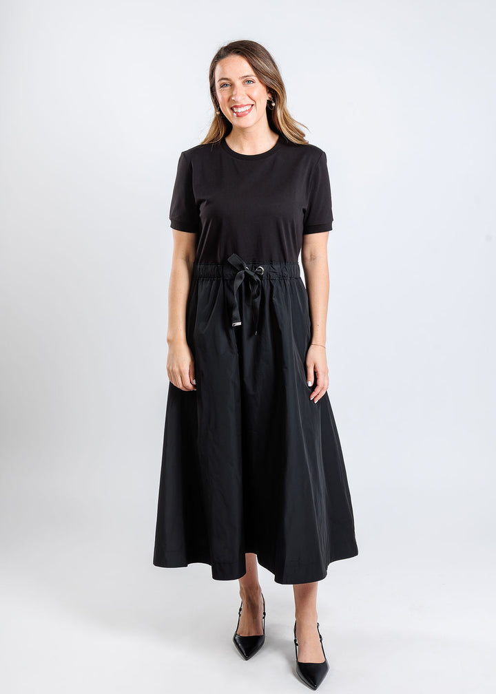 Elliott Lauren Mixed Media Dress With Drawstring in Black available at Barbara Katz