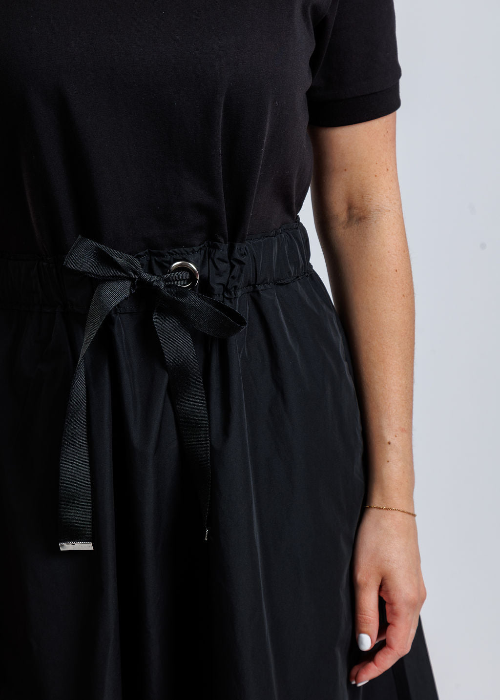 Elliott Lauren Mixed Media Dress With Drawstring in Black available at Barbara Katz