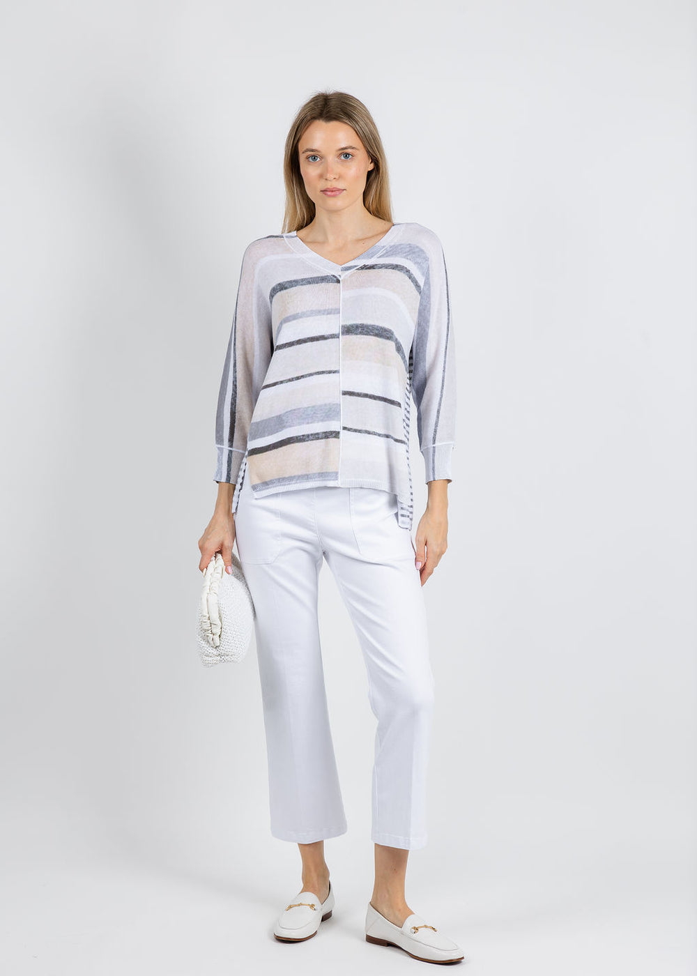 Elliott Lauren Blocked Off Printed Stripe V-Neck Top in Natural paired with Elliott Lauren Modern Twill Pull-On Pants With Pocket in White available at Barbara Katz