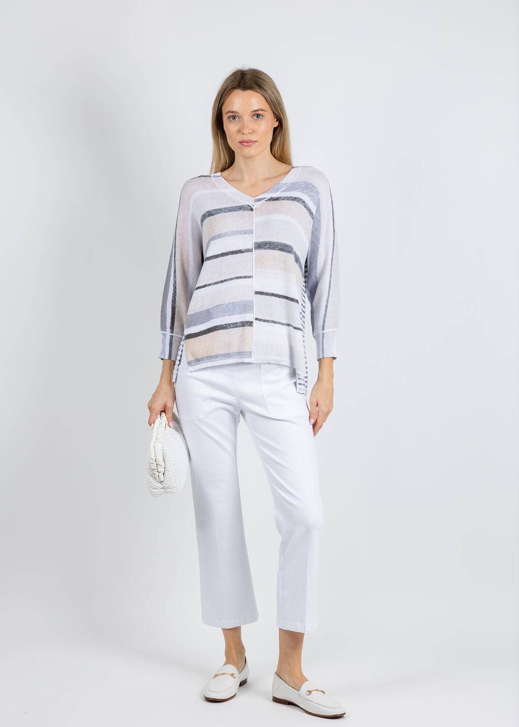 Elliott Lauren Blocked Off Printed Stripe V-Neck Top in Natural paired with Elliott Lauren Modern Twill Pull-On Pants With Pocket in White available at Barbara Katz