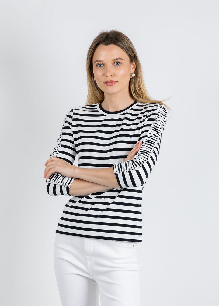 Molly Stripe Elbow Ruffle Sleeve Top - Black/White