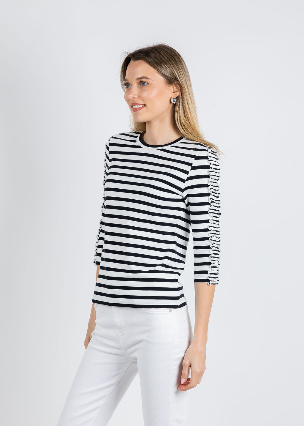 Molly Stripe Elbow Ruffle Sleeve Top - Black/White