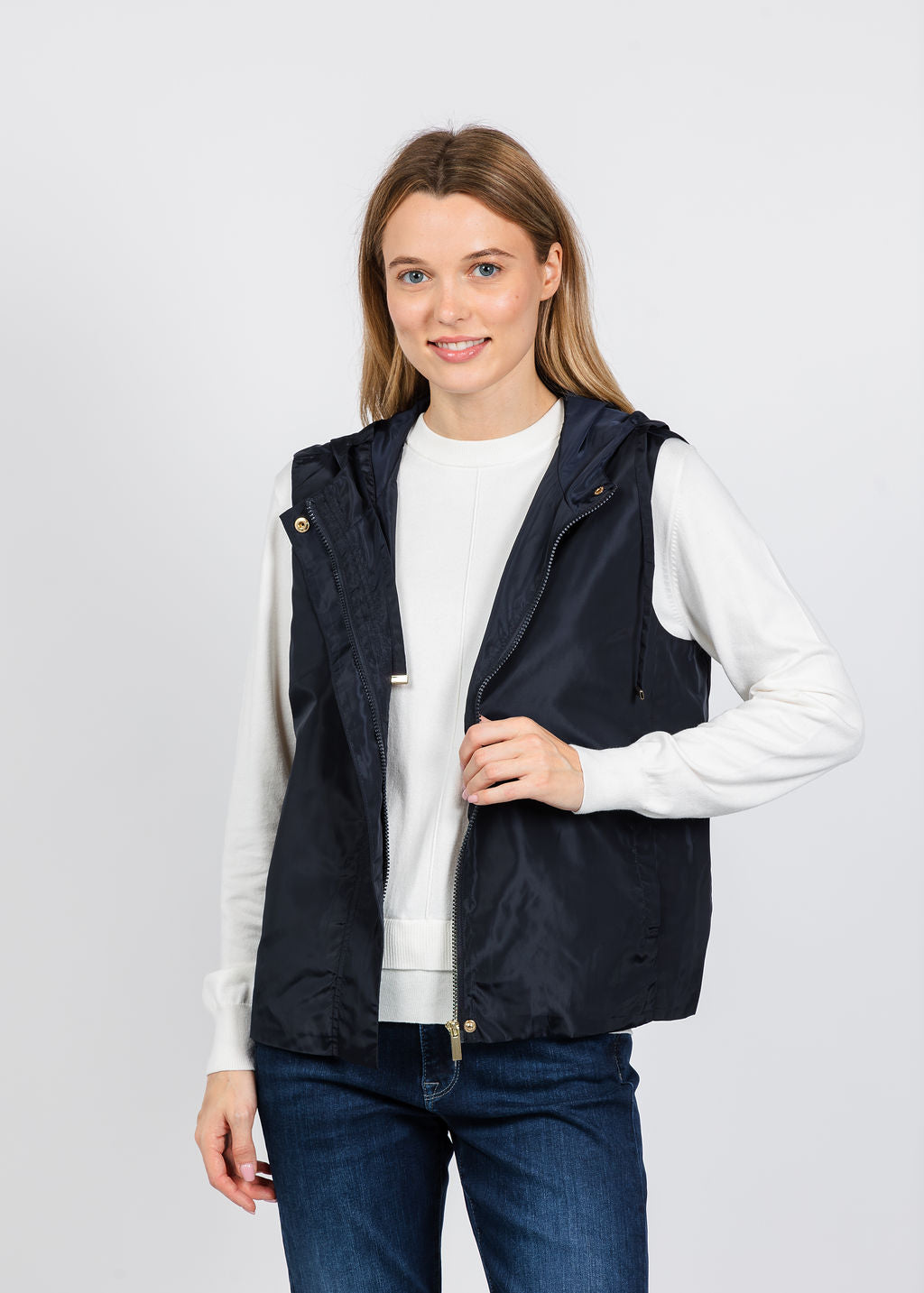 Elliott Lauren Nylon Zip Up Vest in Navy available at Barbara Katz